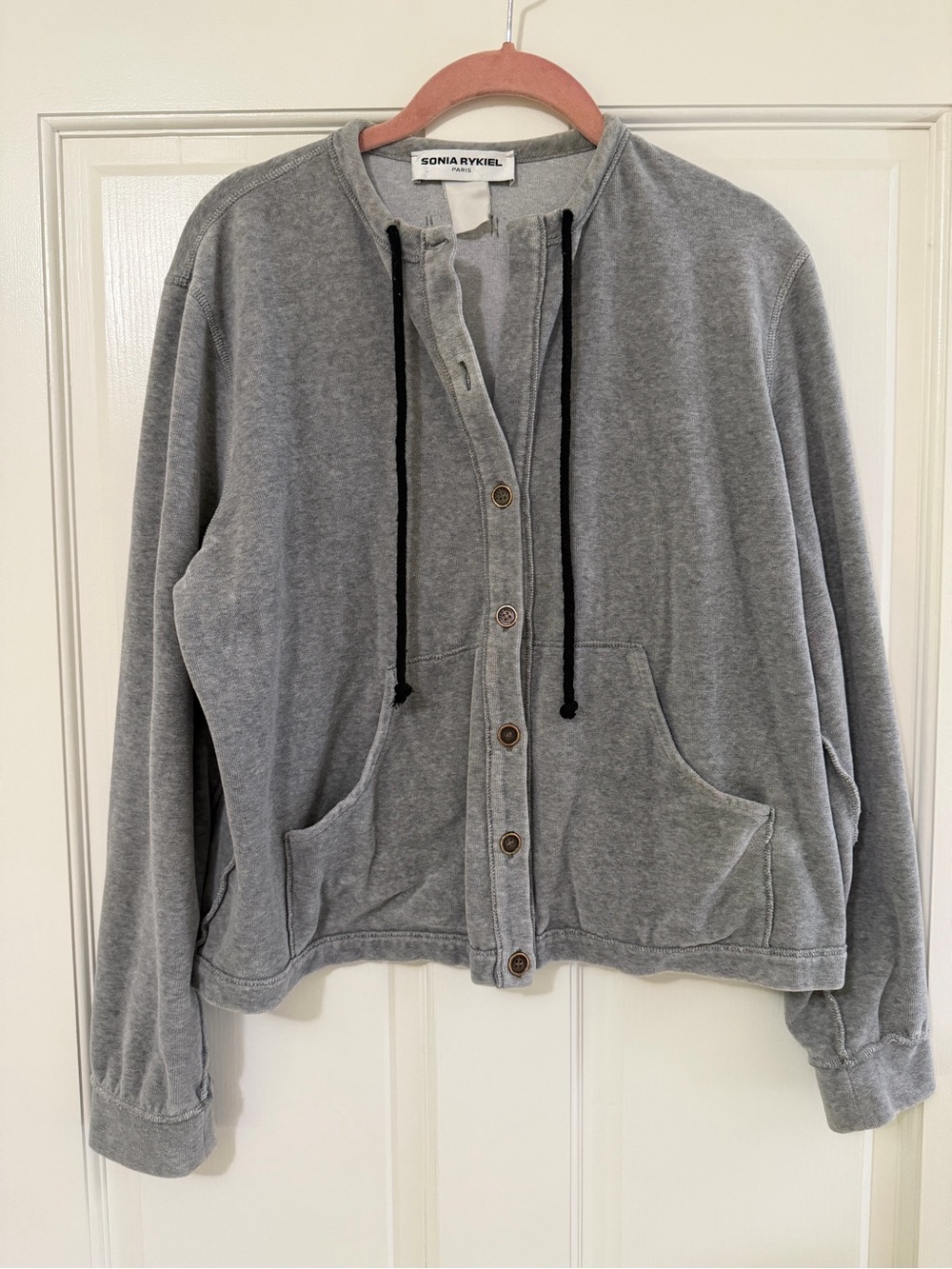 Sonia Rykiel Gray Button-Front Cardigan with Black Drawcords
